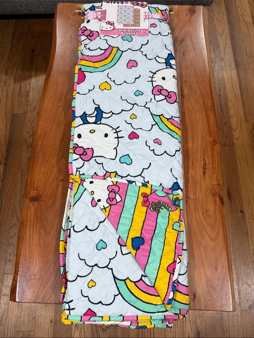 Hello Kitty Kids Twin Quilted Blankets - White with Rainbow Hearts